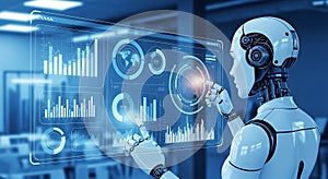 Humanoid Robot Analyzing Data Dashboard Interface, AI Generated