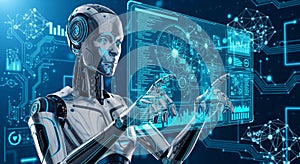 Humanoid Robot Analyzing Data on Futuristic Artificial Intelligence Interface