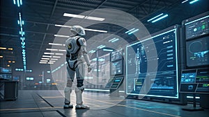 Humanoid robot analyzing data on futuristic control panel in high tech facility