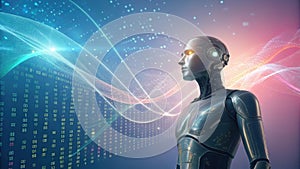 Humanoid robot analyzing data stream and binary code