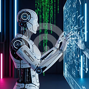 Humanoid Robot Analyzing Financial Data and Binary Code on Digital Screen