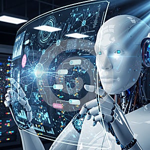 Humanoid Robot Analyzing Financial Data and Binary Code on Digital Screen