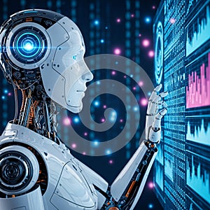 Humanoid Robot Analyzing Financial Data and Binary Code on Digital Screen