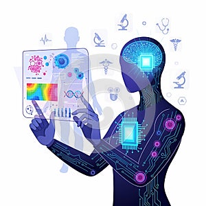 Humanoid robot analyzing medical data with digital interface