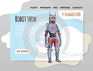 Humanoid robot, android with artificial intelligence. Robot show. Vector illutration, design template of site, header