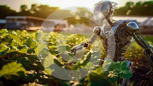 humanoid robot android farmer helps grow plants, vegetable garden of the future, futuristic food growing technology, agriculture