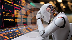 humanoid robot appears stressed while analyzing data on screen