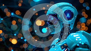 A humanoid robot, artificial intelligence is thinking or analyzing data with glowing code structure floating in the head