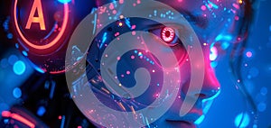 A humanoid robot, artificial intelligence is thinking or analyzing data with glowing code structure floating in the head