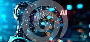 A humanoid robot, artificial intelligence is thinking or analyzing data with glowing code structure floating in the head