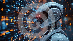 A humanoid robot, artificial intelligence is thinking or analyzing data with glowing code structure floating in the head