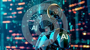 A humanoid robot, artificial intelligence is thinking or analyzing data with glowing code structure floating in the head