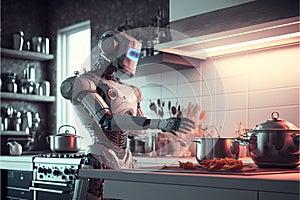 A humanoid robot as a cook preparing a meal in the kitchen