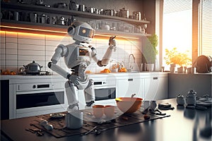 A humanoid robot as a cook preparing a meal in the kitchen