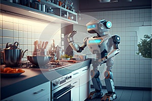 A humanoid robot as a cook preparing a meal in the kitchen