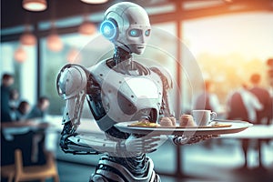 A humanoid robot as a waiter in a restaurant serving an order