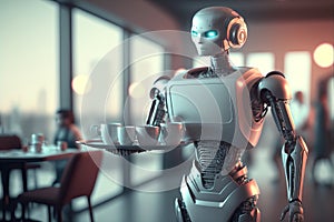 A humanoid robot as a waiter in a restaurant serving an order