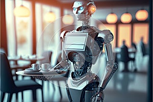 A humanoid robot as a waiter in a restaurant serving an order
