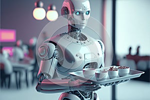 A humanoid robot as a waiter in a restaurant serving an order