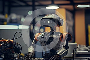 Humanoid robot on an assembly production line in a factory warehouse