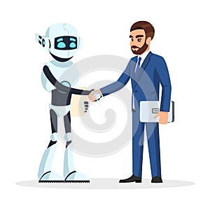 Humanoid robot and bearded businessman in formal suit shaking hands. Artificial intelligence hired.