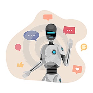 Humanoid robot, chatbot vector illustration. Artificial intelligence, friendly cyborg waving hand cartoon character