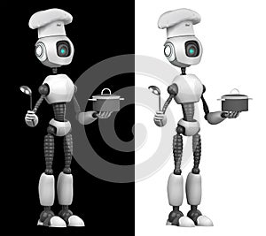 A humanoid robot chef cooks dishes. Isolated on black and white background. Future concept with robotics and artificial