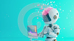 Humanoid robot coding at a desktop computer