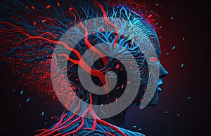 Humanoid robot commect with neural network. Artificial intelligence, technology, neural networks, futuristic concept