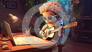 3D rendering of a little boy playing the guitar at home.