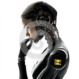 Humanoid robot contemplating future technology innovation and artificial intelligence