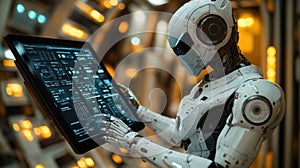 Humanoid robot controlling futuristic technology with a touchscreen interface