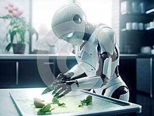 Humanoid robot cooking dishes in home or restaurant kitchen. Replacing human labor with robotics. Future concept with smart