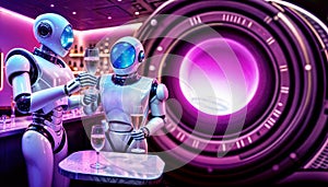 Humanoid robot. Couple of astronauts drink champagne alcohol drinks on board spaceship on background of space in porthole.