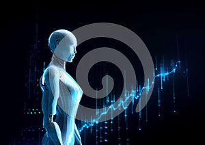 Humanoid robot on dark blue cyber space futuristic graph chart analytic background. Smart world digital marketing. Future