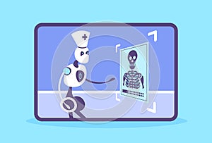 Humanoid robot doctor examining x-ray photograph cyborg recognizing patient radiography artificial intelligence medicine