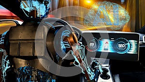 Humanoid robot driving car, vision of artificial intelligence in automotive