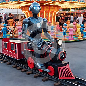 Humanoid robot driving funfair children locomotive train