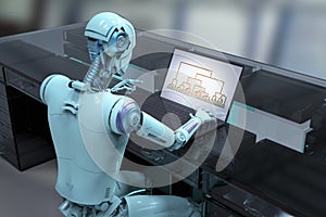 Humanoid robot engaged in work with a laptop, analyzing a cluster analysis dendrogram for studying data patterns, 3D