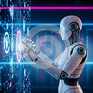 Humanoid Robot Analyzing Financial Data and Binary Code on Digital Screen