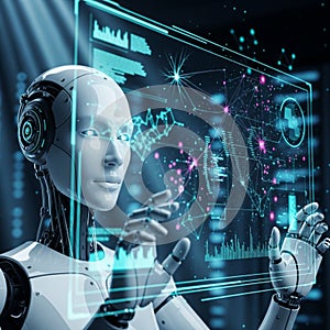 Humanoid Robot Analyzing Financial Data and Binary Code on Digital Screen