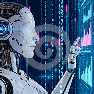 Humanoid Robot Analyzing Financial Data and Binary Code on Digital Screen