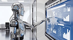 Futuristic robot interacting with a high-tech digital display showing data and analytics