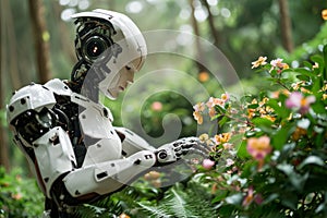 A humanoid robot gently touches delicate pink flowers, garden background, concept of the harmony between artificial