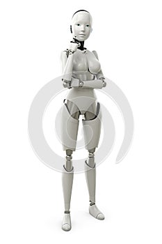 A humanoid robot girl is standing and thinking on white background with clipping path. Artificial intelligence concept.3d render.