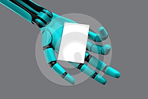 Humanoid robot hand holding a white business card