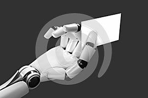 Humanoid robot hand holding a white business card. 3d illustration