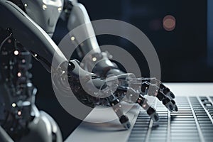Humanoid robot hands typing on a computer keyboard. Generative AI