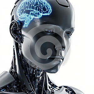 Humanoid Robot Head with Glowing Brain Visible - Artificial Intelligence Concept (Generated by AI