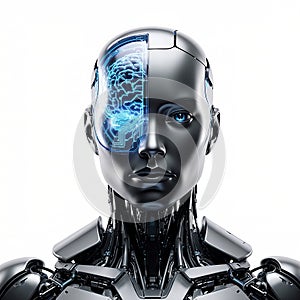 Humanoid Robot Head with Glowing Brain Visible - Artificial Intelligence Concept (Generated by AI